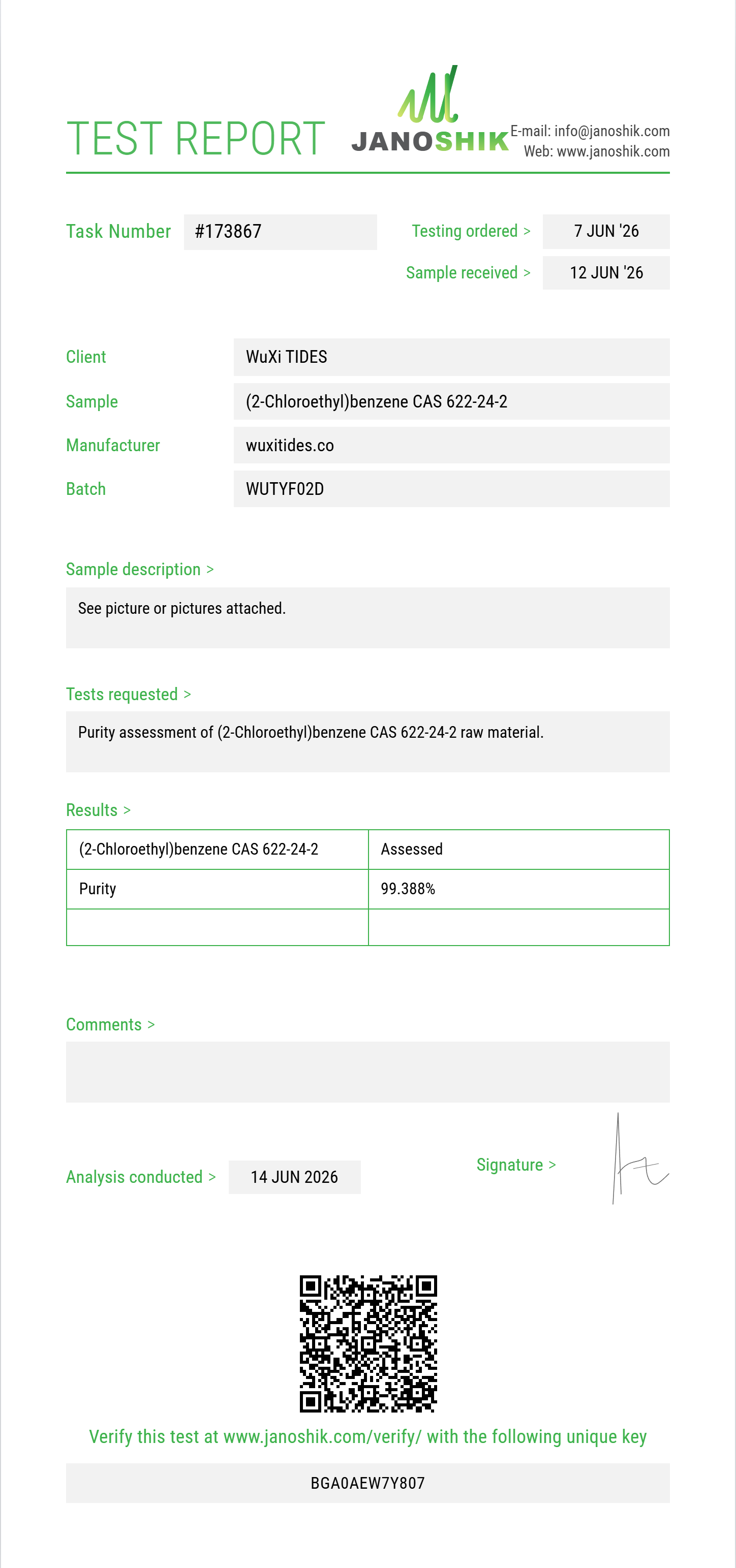 (2-Chloroethyl)benzene CAS 622-24-2 Purity (HPLC) report by Janoshik Analytical
