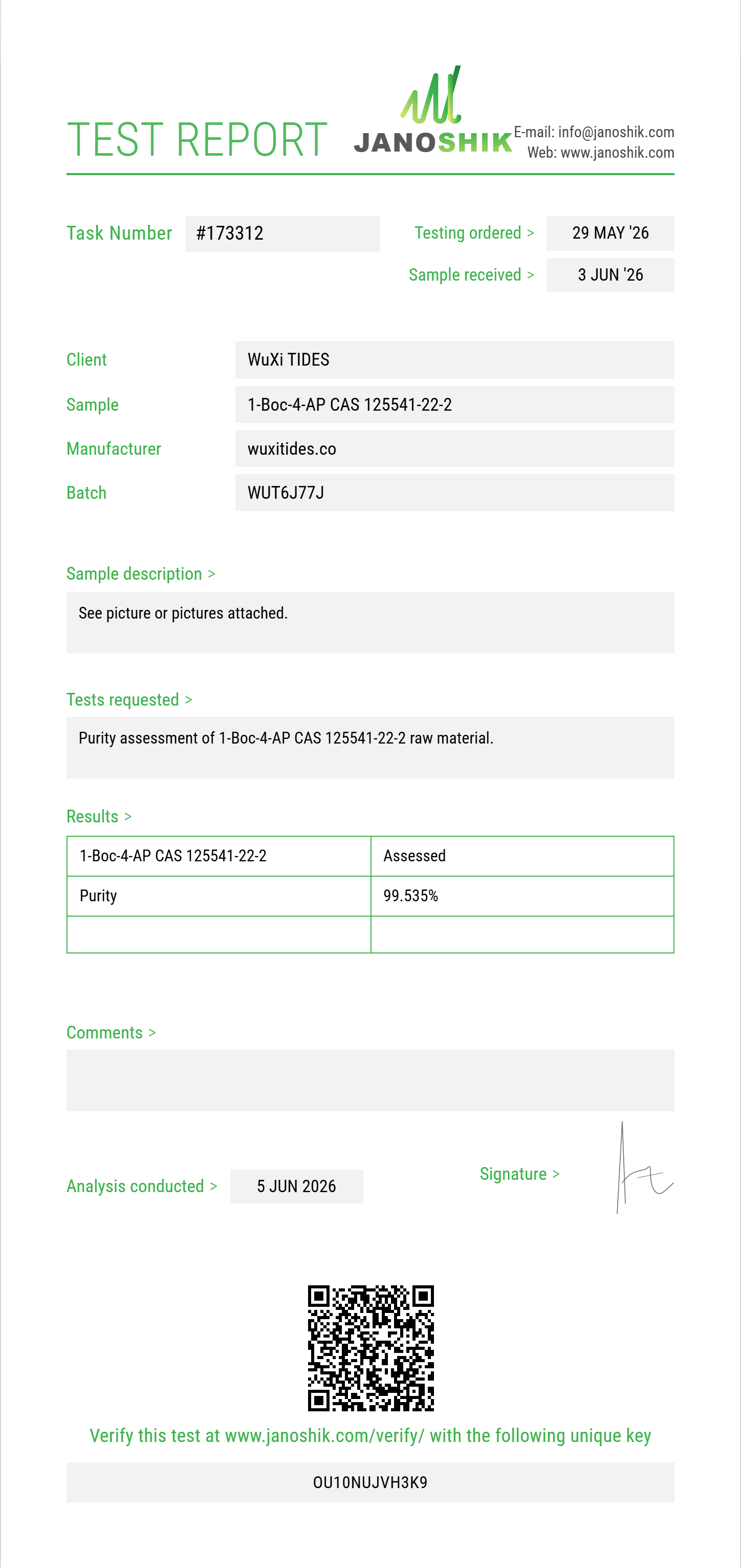 1-Boc-4-AP (tert-butyl 4-(phenylamino)piperidine-1-carboxylate) CAS 125541-22-2 Purity (HPLC) report by Janoshik Analytical