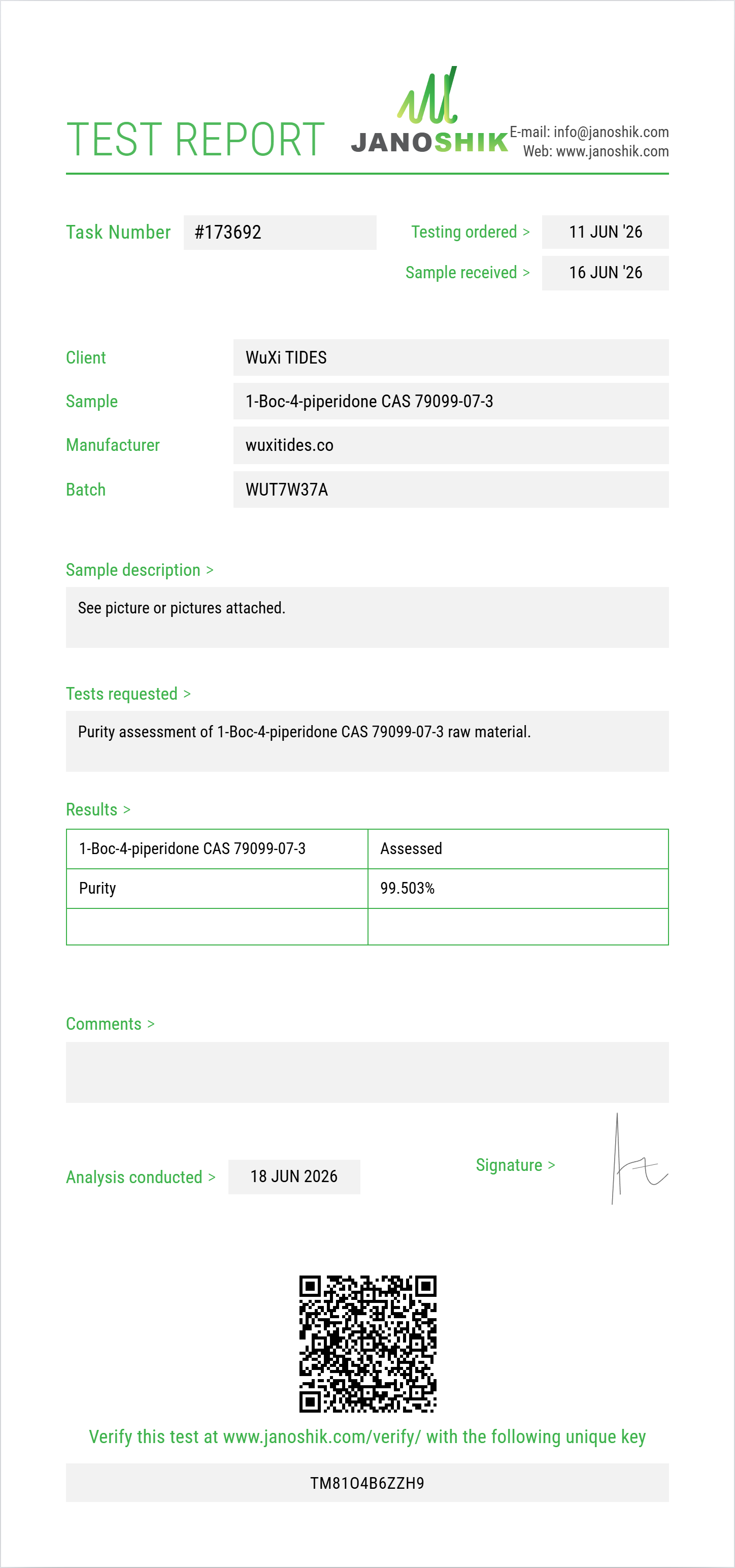 1-Boc-4-piperidone (tert-butyl 4-oxopiperidine-1-carboxylate) CAS 79099-07-3 Purity (HPLC) report by Janoshik Analytical