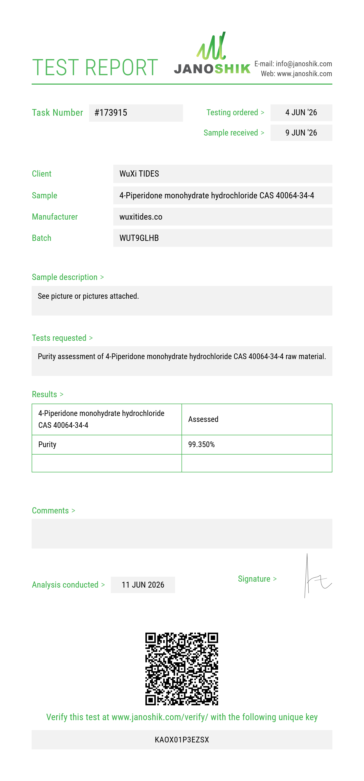 4-Piperidone monohydrate hydrochloride CAS 40064-34-4 Purity (HPLC) report by Janoshik Analytical