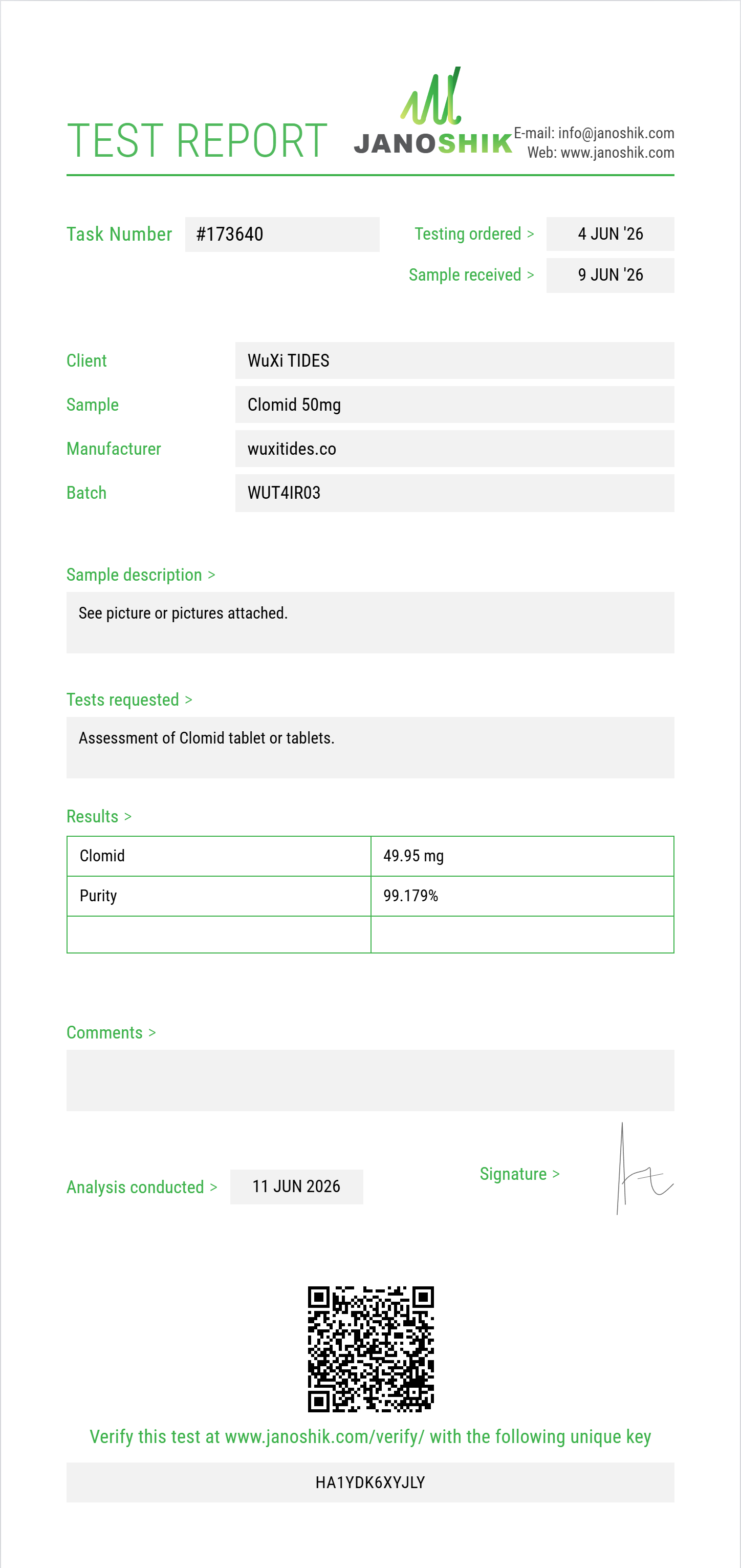 Clomid Purity (HPLC) report by Janoshik Analytical