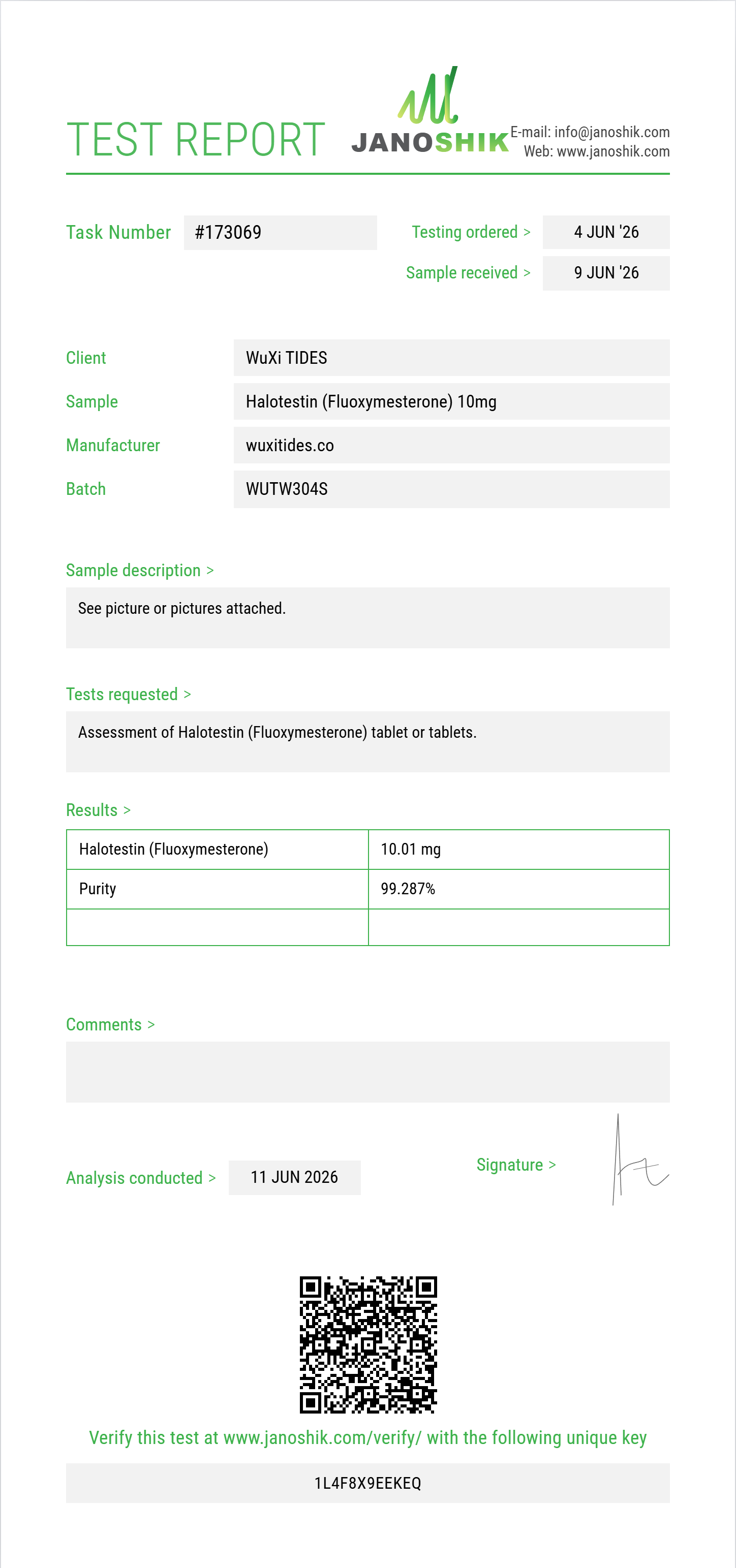 Halotestin (Fluoxymesterone) Purity (HPLC) report by Janoshik Analytical