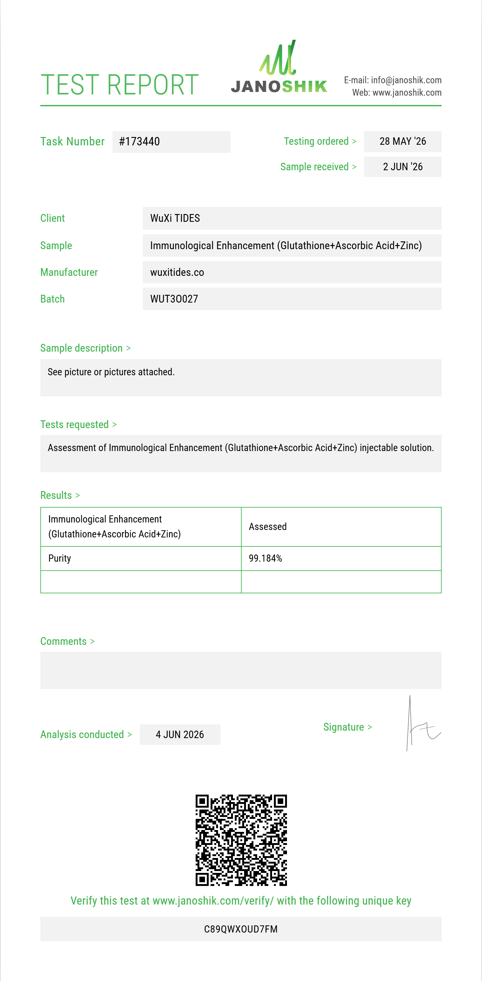Immunological Enhancement (Glutathione 200mg+Ascorbic Acid 200mg+Zinc Sulfate 2.5mg) Purity (HPLC) report by Janoshik Analytical