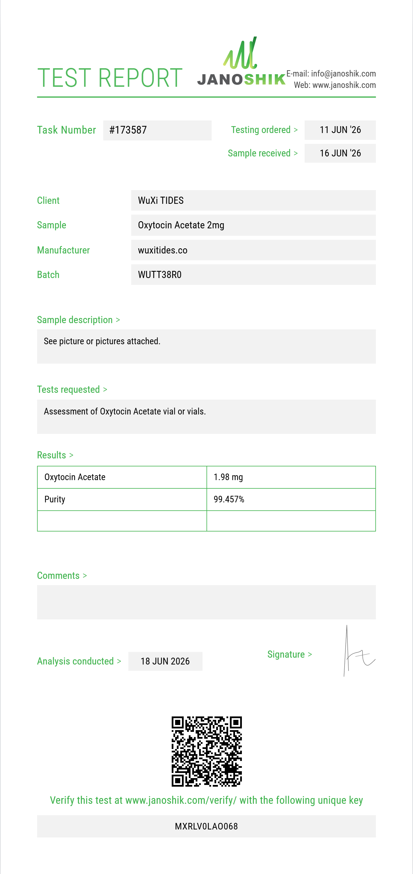 Oxytocin Acetate Purity (HPLC) report by Janoshik Analytical