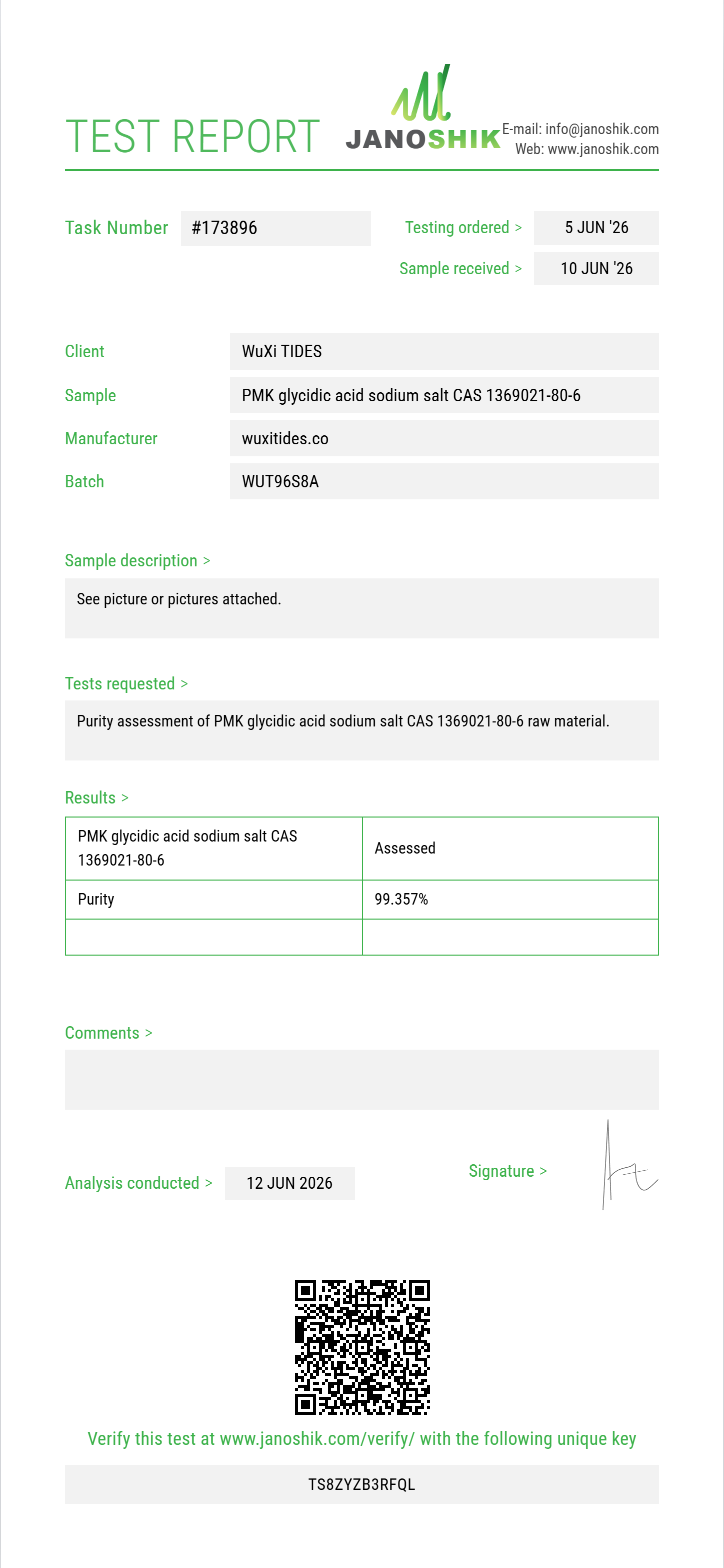 PMK glycidic acid (3,4-MDP-2-P methyl glycidic acid / sodium salt) CAS 1369021-80-6 Purity (HPLC) report by Janoshik Analytical