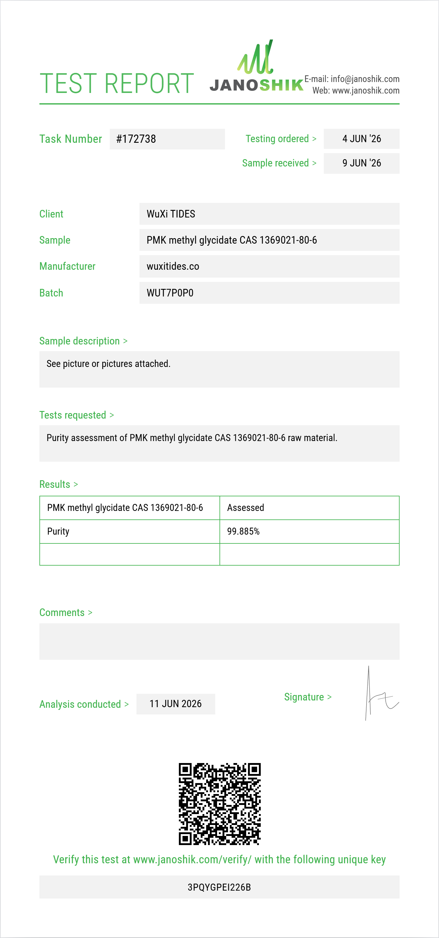 PMK methyl glycidate CAS 1369021-80-6 Purity (HPLC) report by Janoshik Analytical