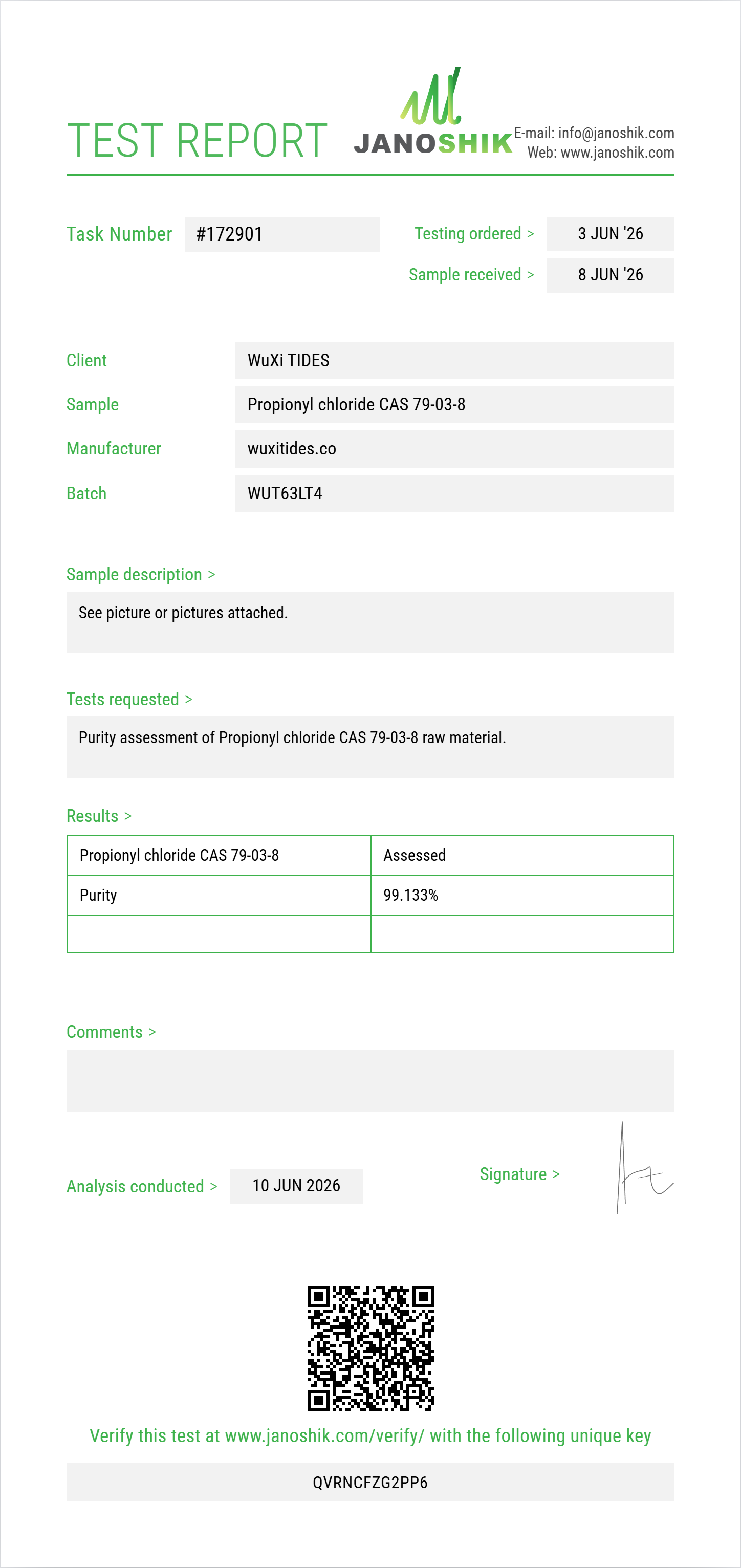 Propionyl chloride CAS 79-03-8 Purity (HPLC) report by Janoshik Analytical