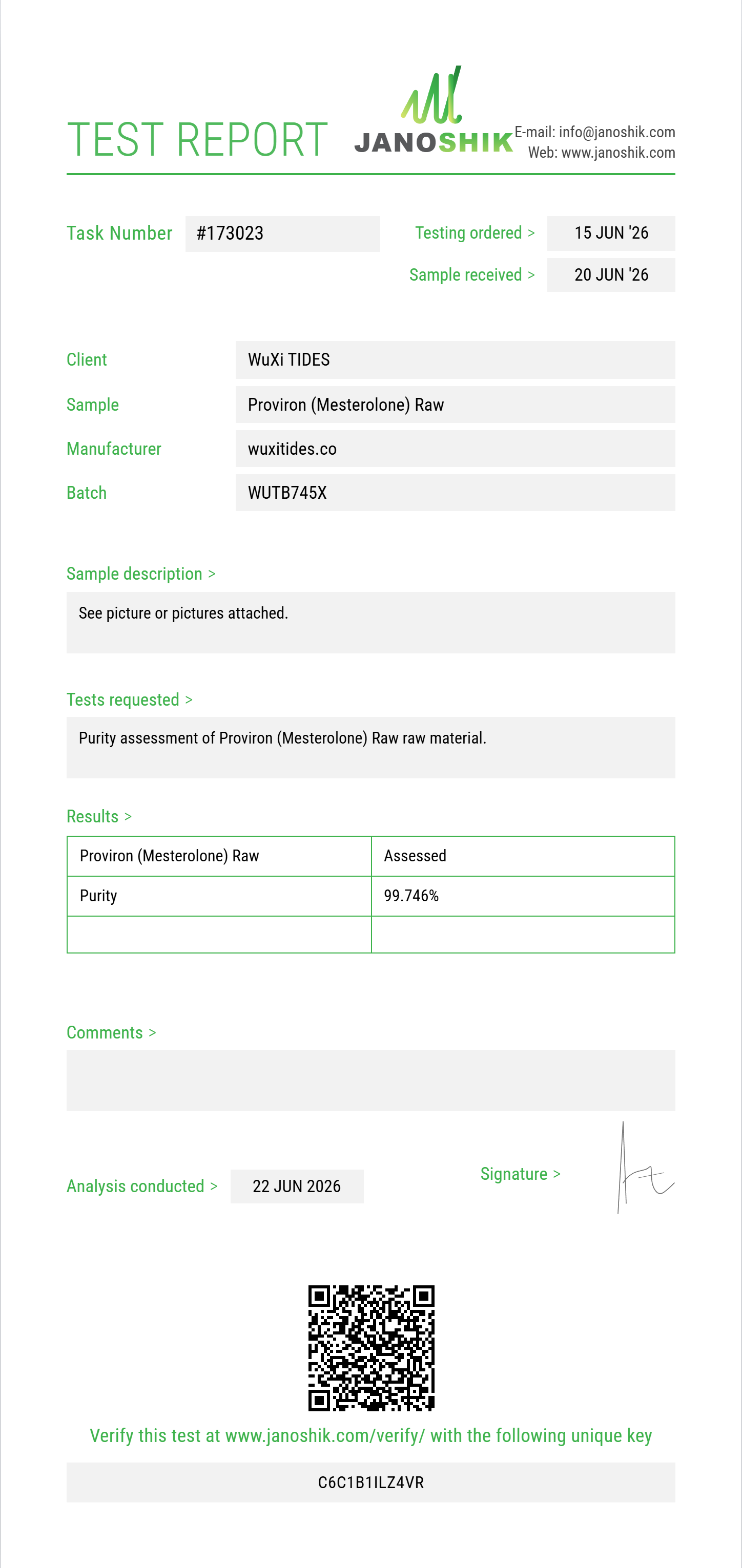 Proviron (Mesterolone) Raw Purity (HPLC) report by Janoshik Analytical