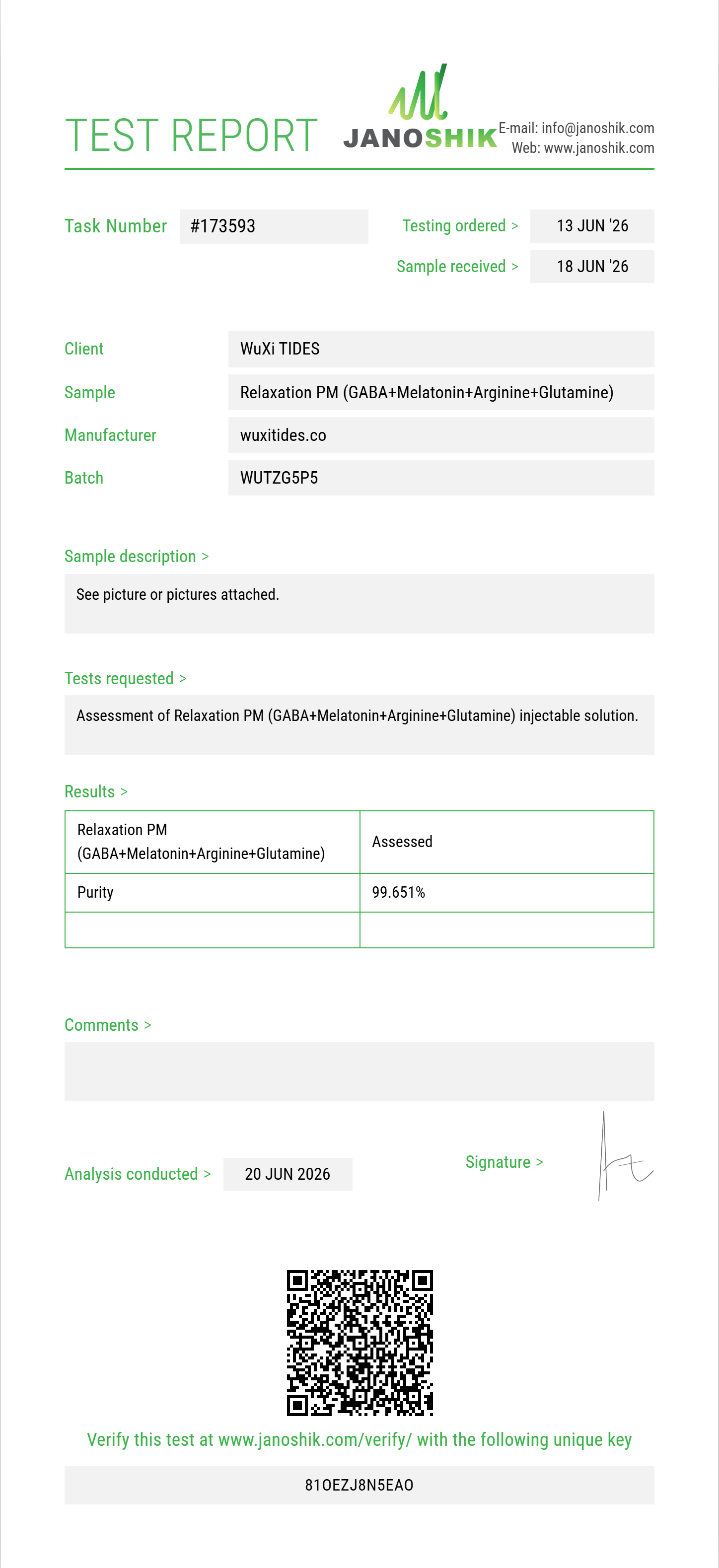 Relaxation PM (GABA 100mg+Melatonin 1mg+Arginine 100mg+Glutamine 25mg) Purity (HPLC) report by Janoshik Analytical