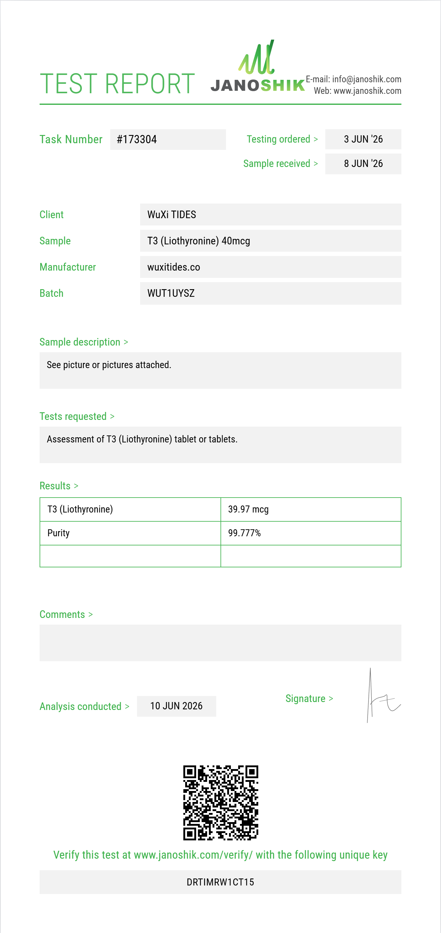 T3 (Liothyronine) Purity (HPLC) report by Janoshik Analytical