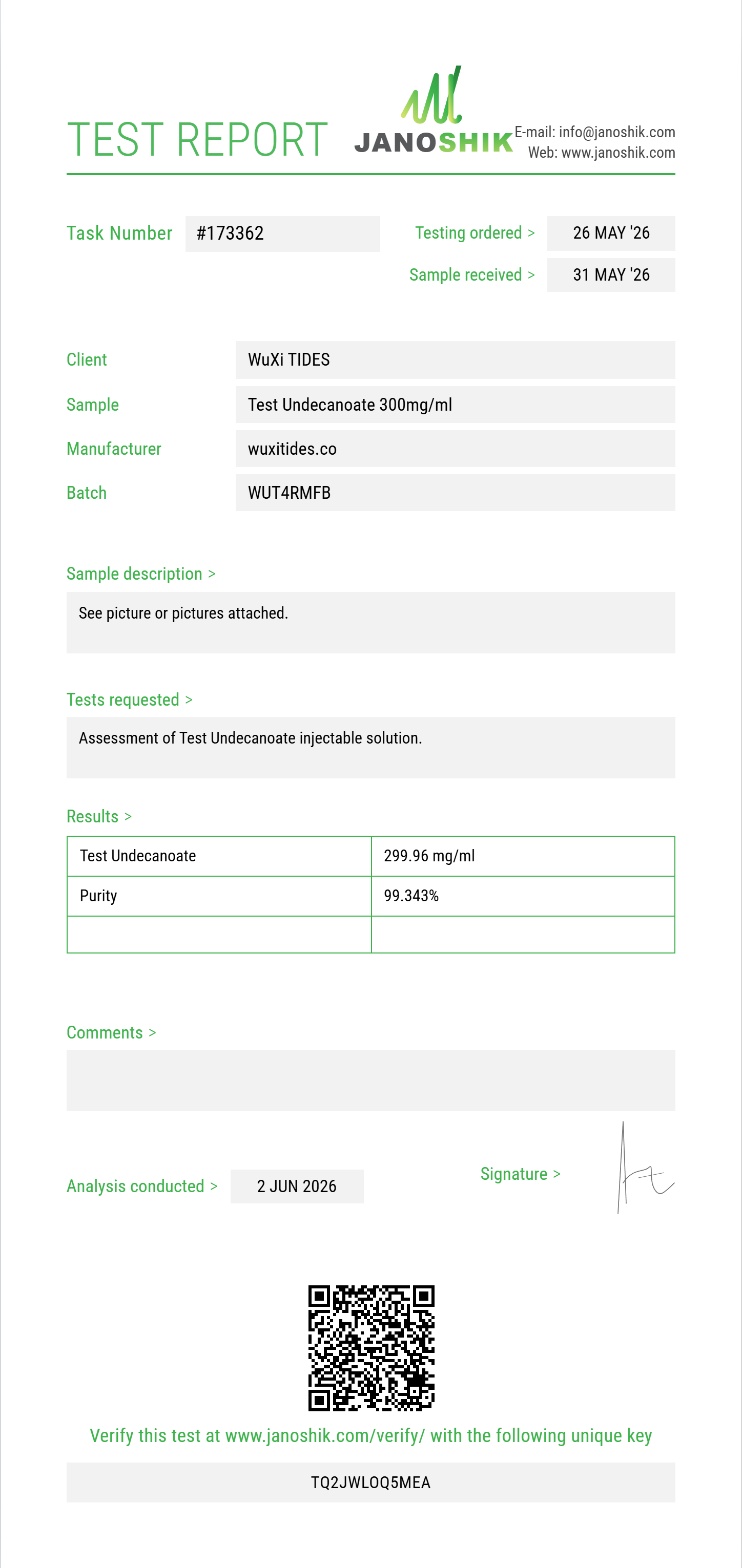 Test Undecanoate Purity (HPLC) report by Janoshik Analytical