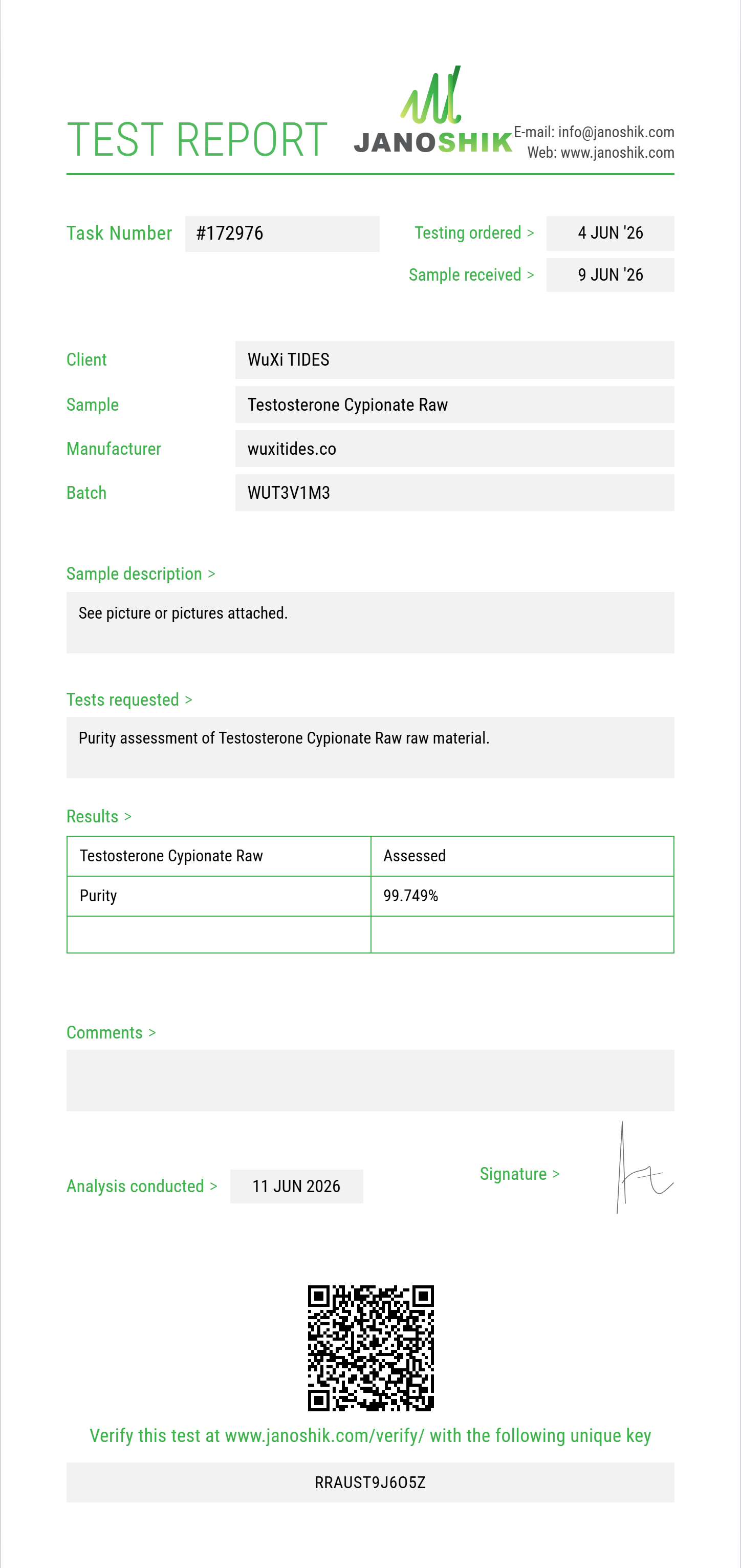Testosterone Cypionate Raw Purity (HPLC) report by Janoshik Analytical