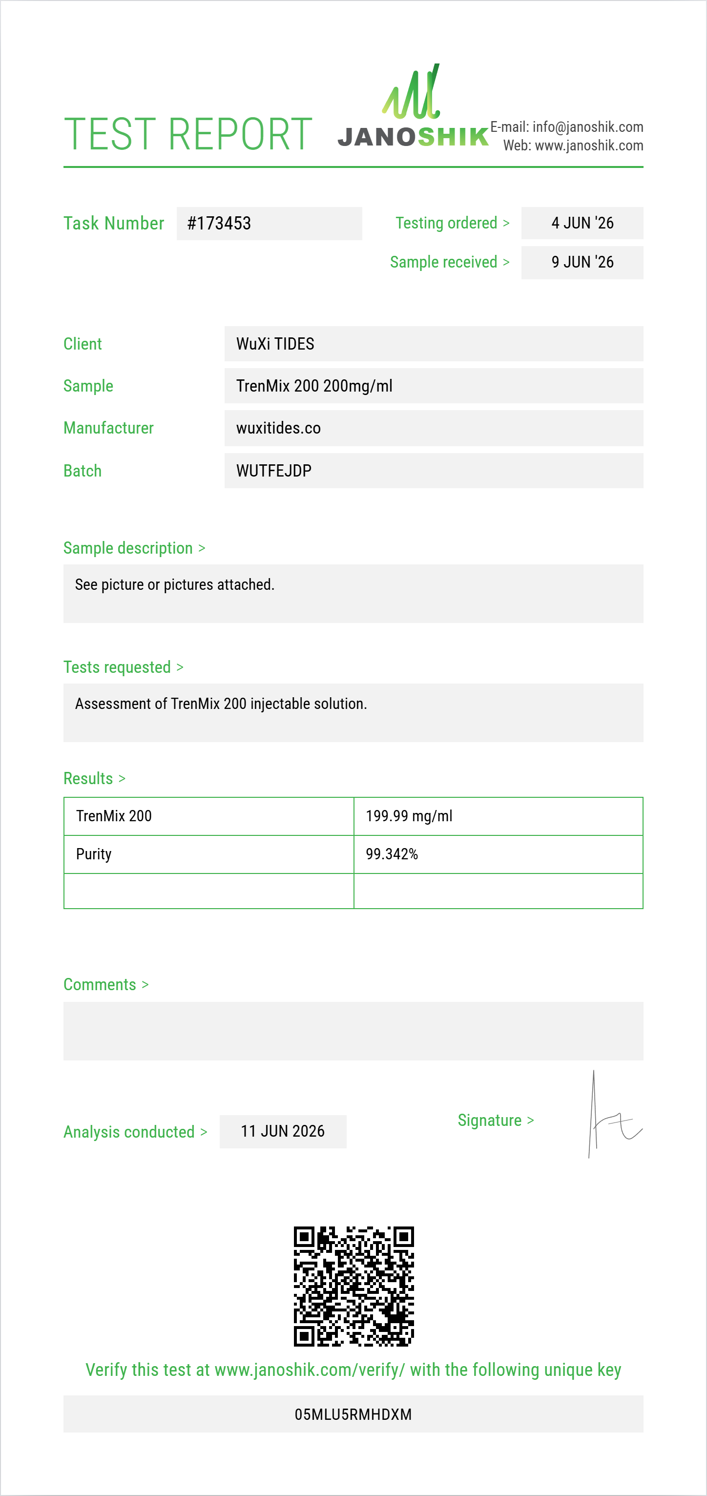 TrenMix 200 Purity (HPLC) report by Janoshik Analytical