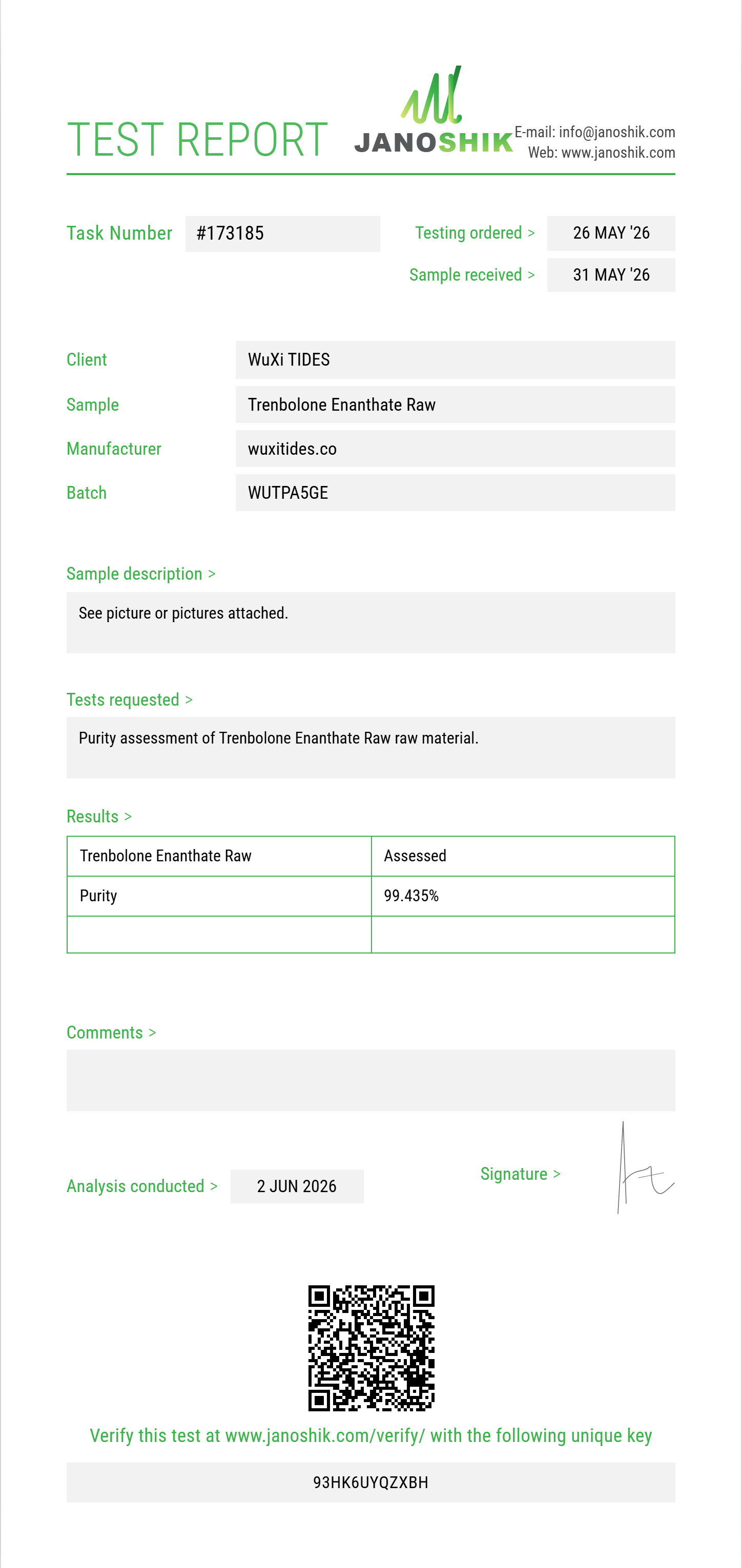 Trenbolone Enanthate Raw Purity (HPLC) report by Janoshik Analytical