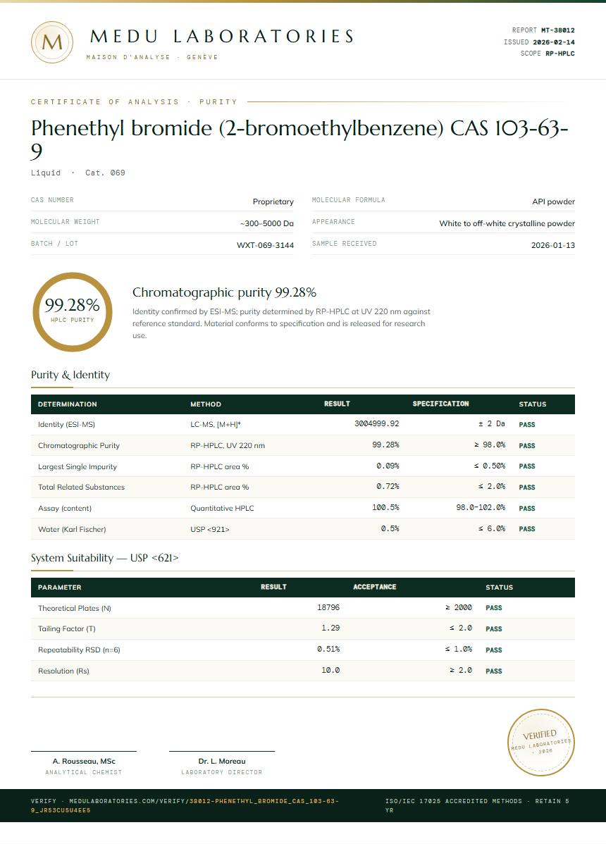 Phenethyl bromide (2-bromoethylbenzene) CAS 103-63-9 Purity Test Report by Medu Laboratories