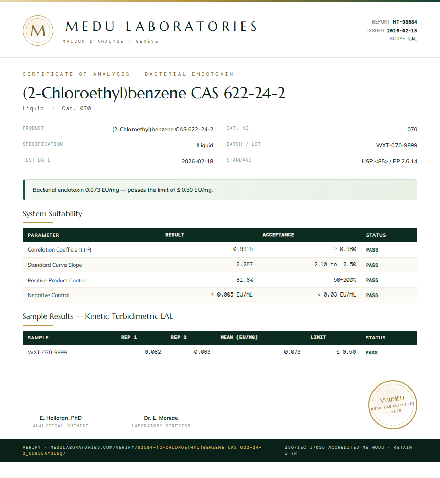 (2-Chloroethyl)benzene CAS 622-24-2 Endotoxin report by Medu Laboratories