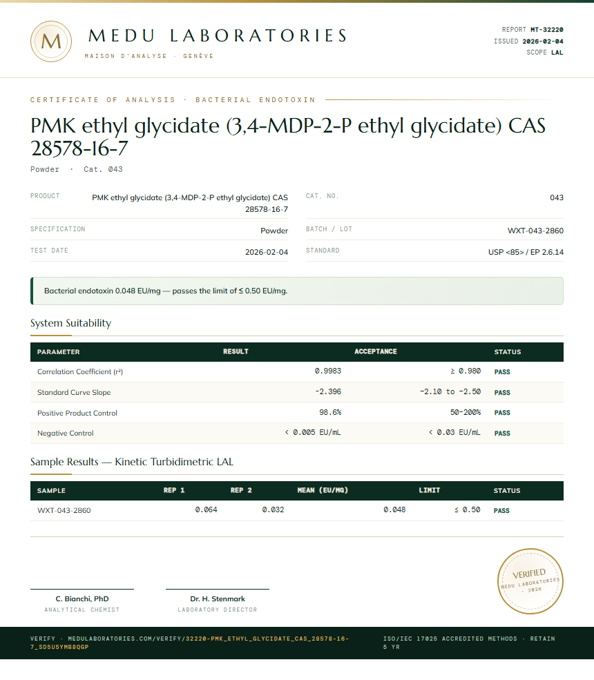 PMK ethyl glycidate (3,4-MDP-2-P ethyl glycidate) CAS 28578-16-7 Endotoxin report by Medu Laboratories