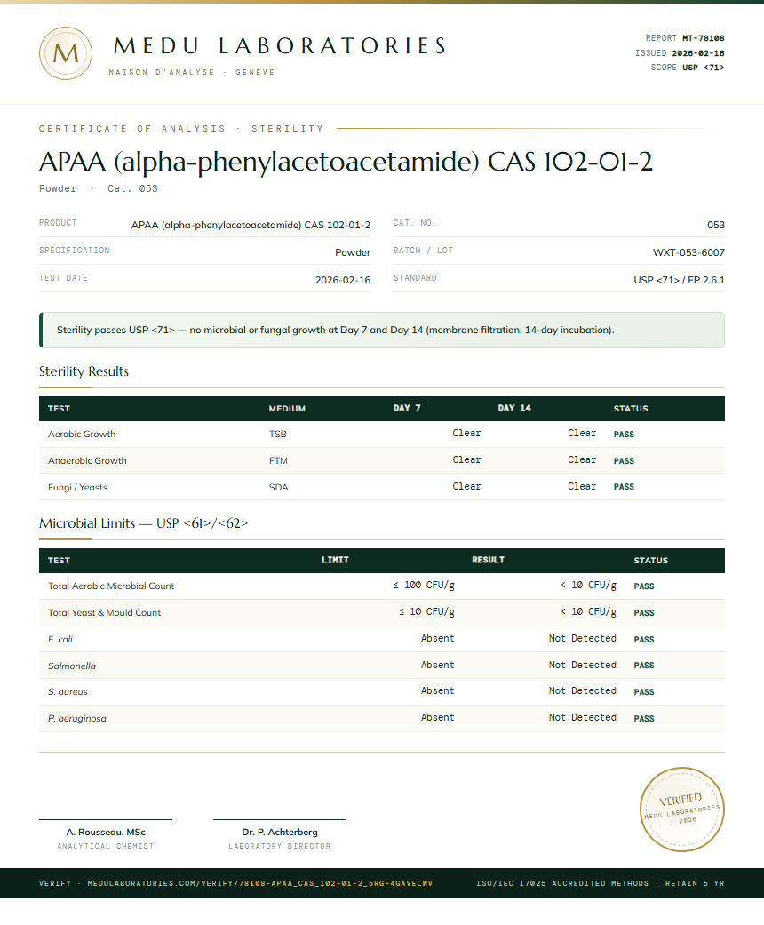 APAA (alpha-phenylacetoacetamide) CAS 102-01-2 Sterility report by Medu Laboratories