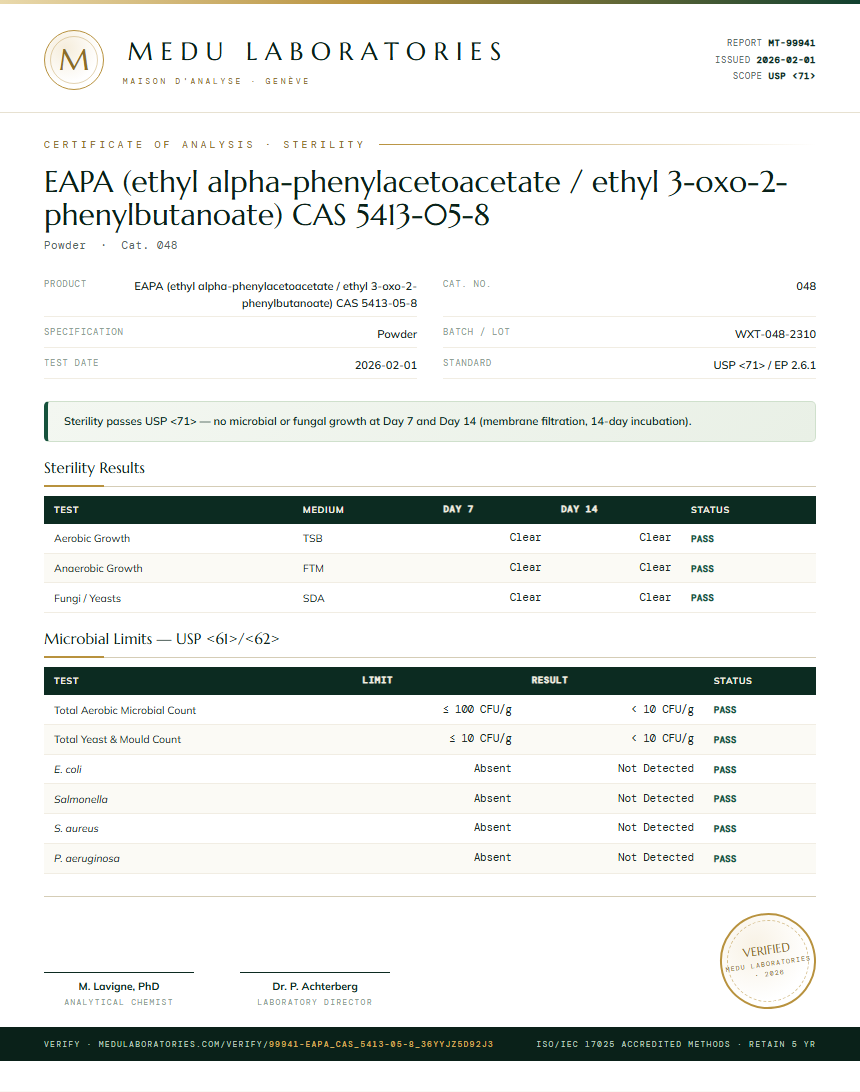 EAPA (ethyl alpha-phenylacetoacetate / ethyl 3-oxo-2-phenylbutanoate) CAS 5413-05-8 Sterility report by Medu Laboratories