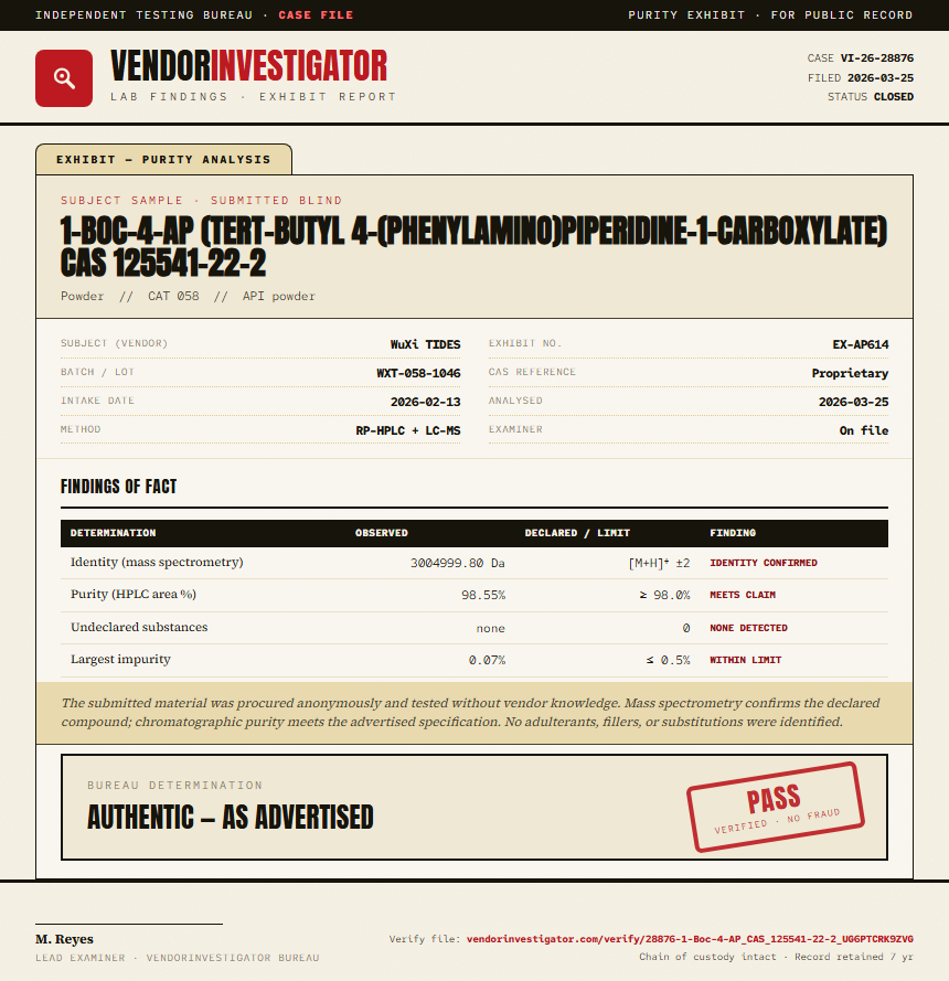 1-Boc-4-AP (tert-butyl 4-(phenylamino)piperidine-1-carboxylate) CAS 125541-22-2 Purity (HPLC) report by VendorInvestigator