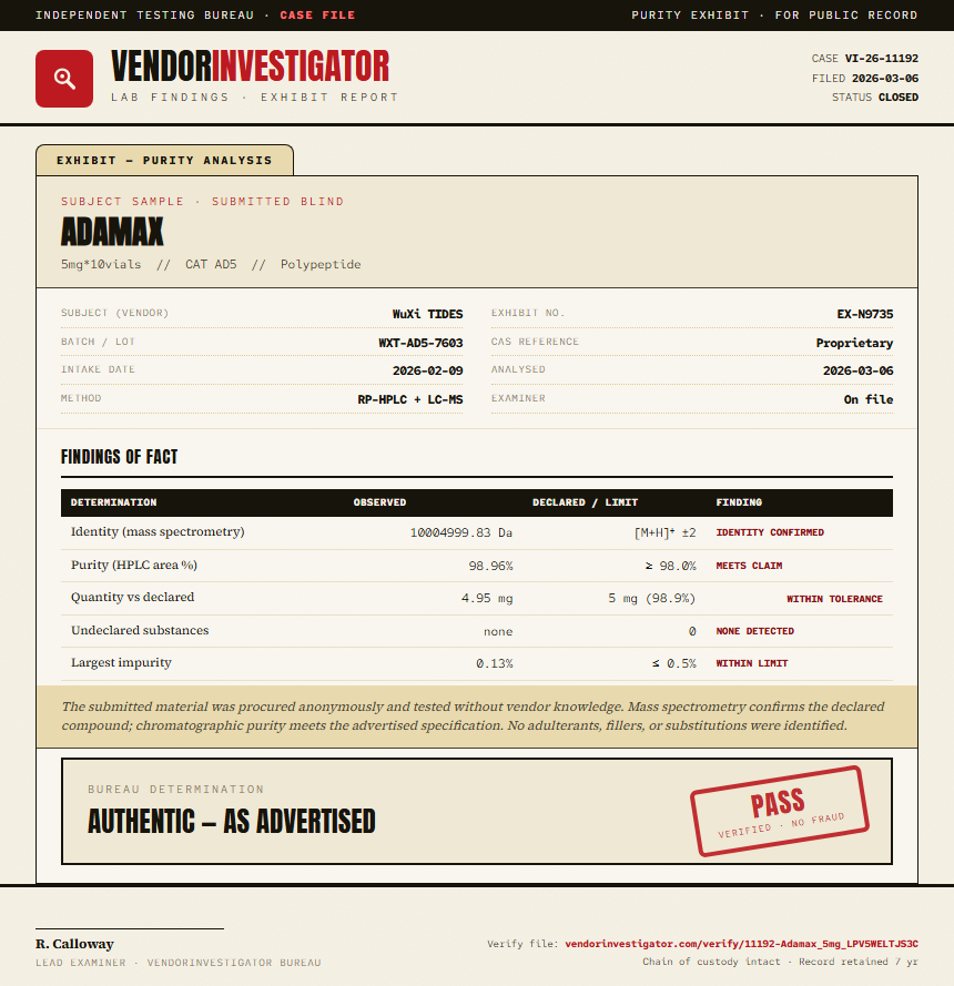 Adamax Purity (HPLC) report by VendorInvestigator