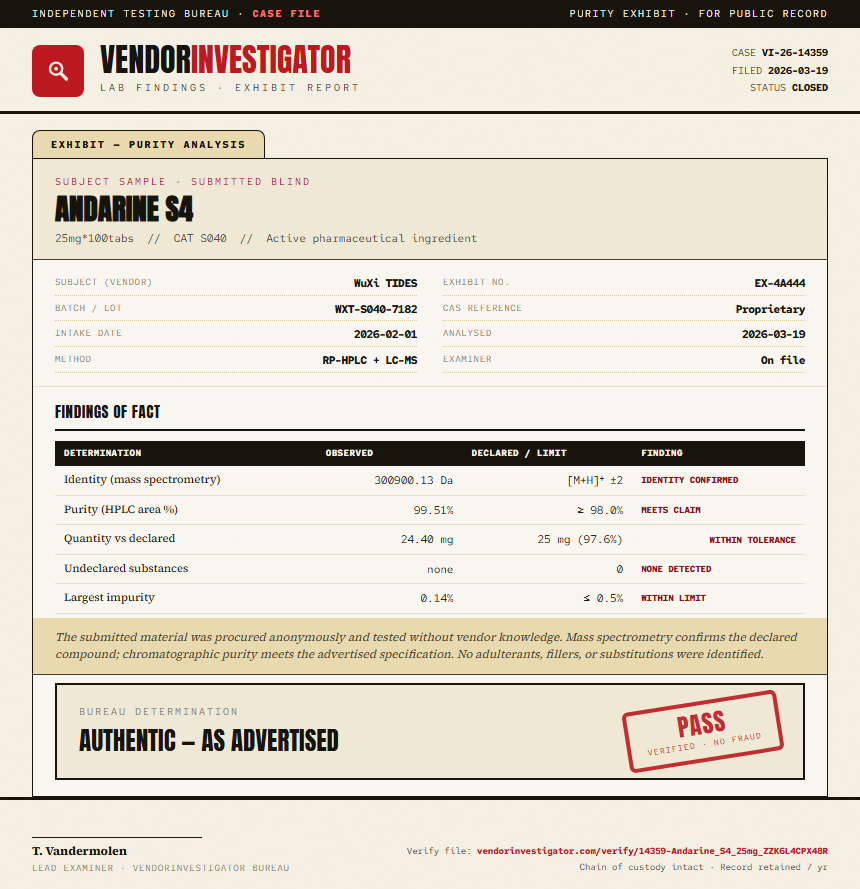 Andarine S4 Purity (HPLC) report by VendorInvestigator