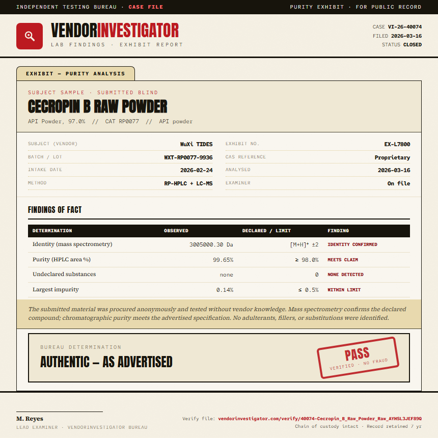 Cecropin B Raw Powder Purity (HPLC) report by VendorInvestigator