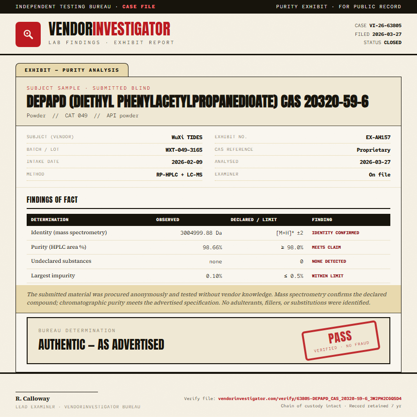 DEPAPD (diethyl phenylacetylpropanedioate) CAS 20320-59-6 Purity (HPLC) report by VendorInvestigator