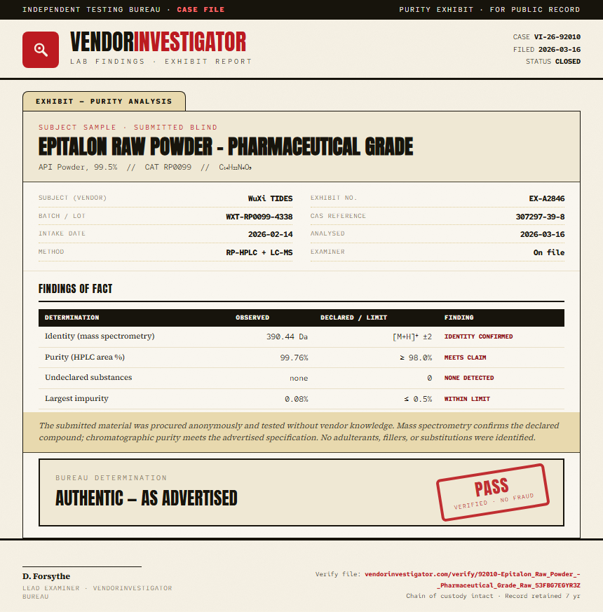 Epitalon Raw Powder - Pharmaceutical Grade Purity (HPLC) report by VendorInvestigator