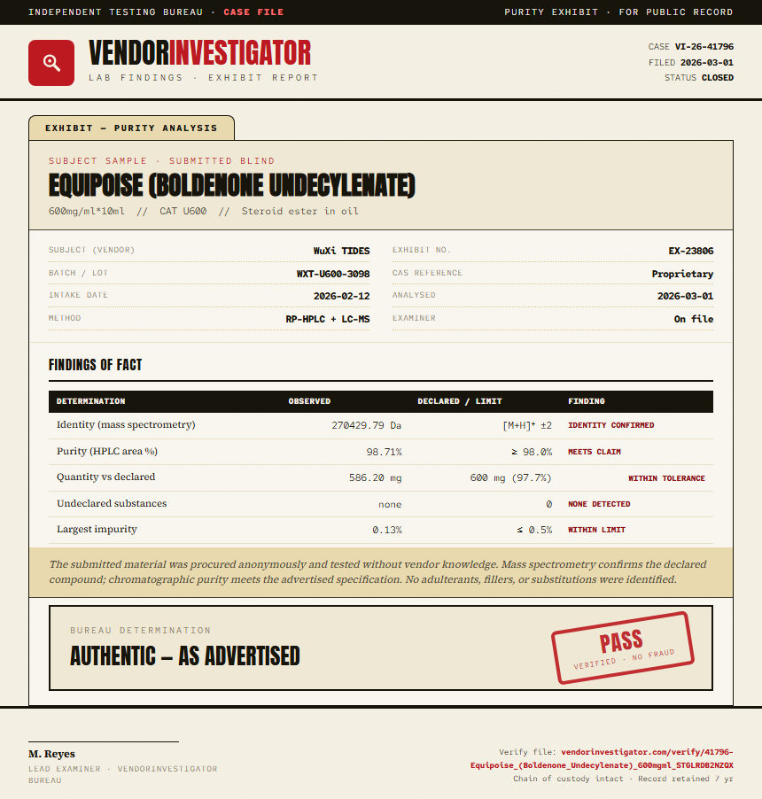Equipoise (Boldenone Undecylenate) Purity (HPLC) report by VendorInvestigator