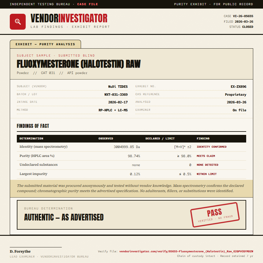 Fluoxymesterone (Halotestin) Raw Purity (HPLC) report by VendorInvestigator