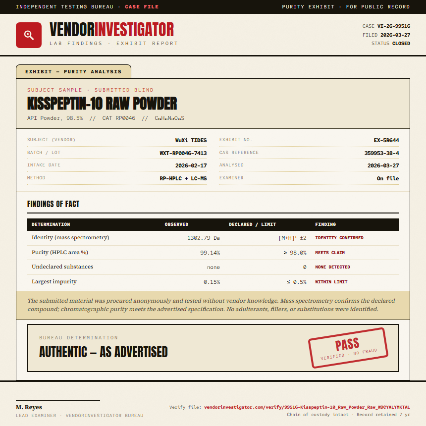 Kisspeptin-10 Raw Powder Purity (HPLC) report by VendorInvestigator