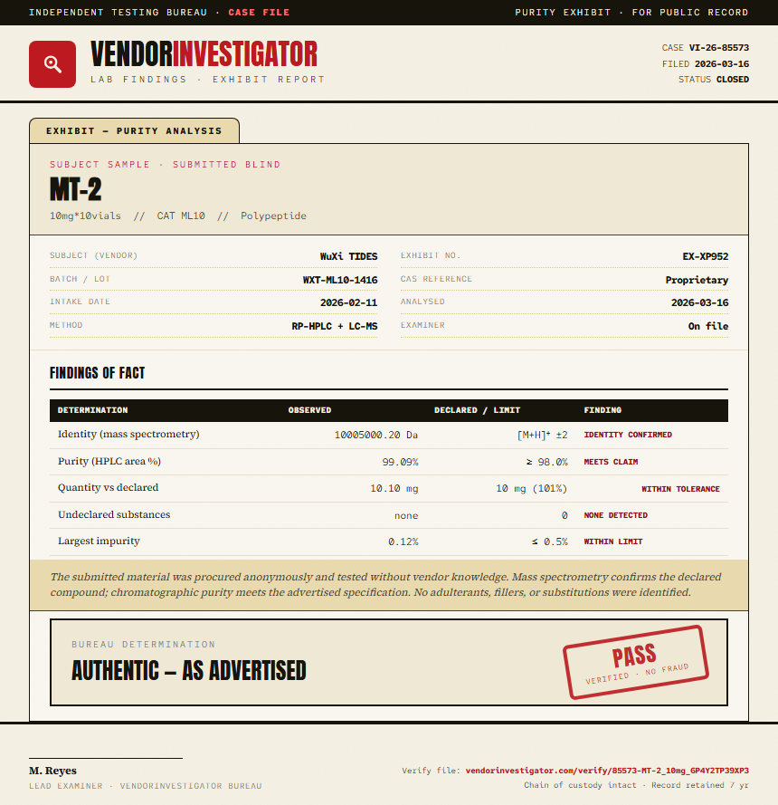 MT-2 Purity (HPLC) report by VendorInvestigator