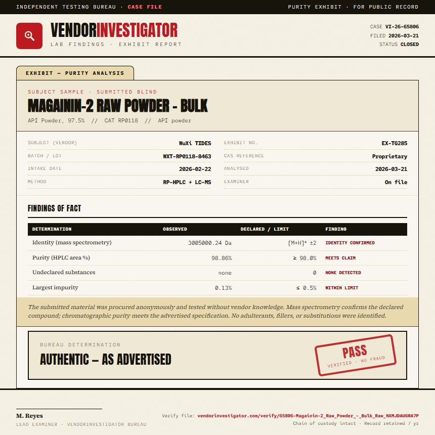 Magainin-2 Raw Powder - Bulk Purity (HPLC) report by VendorInvestigator