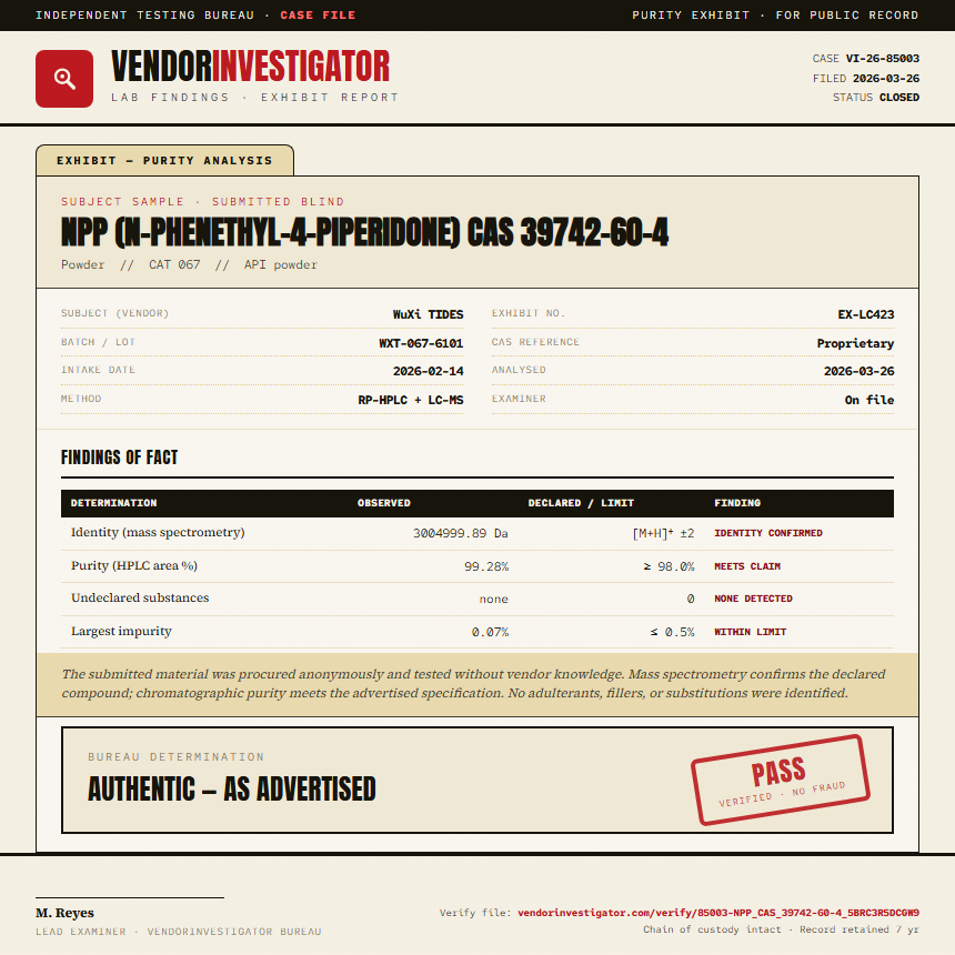 NPP (N-phenethyl-4-piperidone) CAS 39742-60-4 Purity (HPLC) report by VendorInvestigator