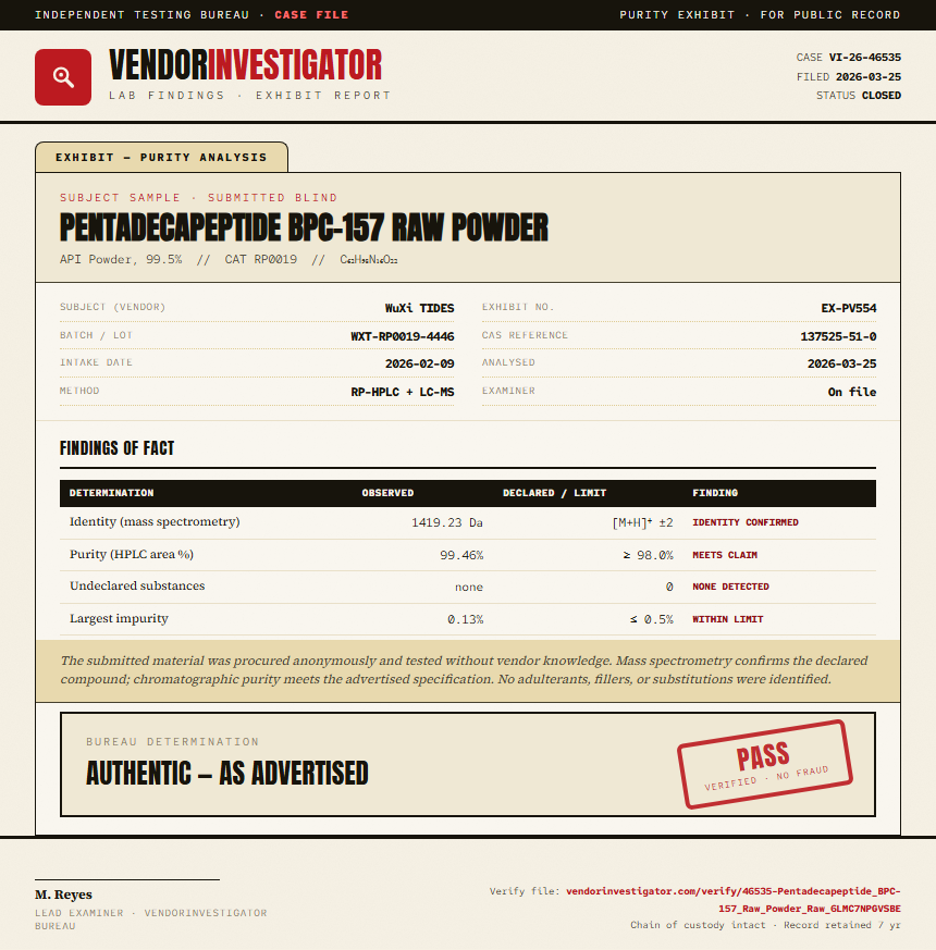 Pentadecapeptide BPC-157 Raw Powder Purity (HPLC) report by VendorInvestigator