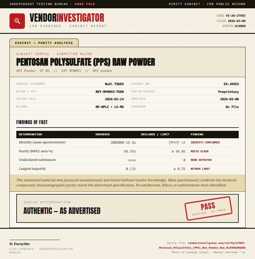 Pentosan Polysulfate (PPS) Raw Powder Purity (HPLC) report by VendorInvestigator