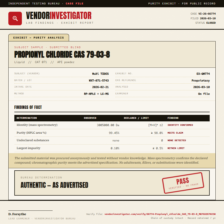 Propionyl chloride CAS 79-03-8 Purity (HPLC) report by VendorInvestigator
