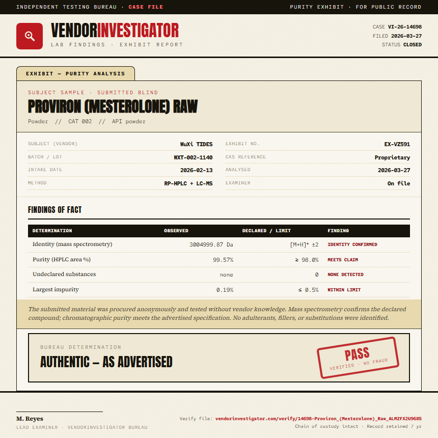 Proviron (Mesterolone) Raw Purity (HPLC) report by VendorInvestigator