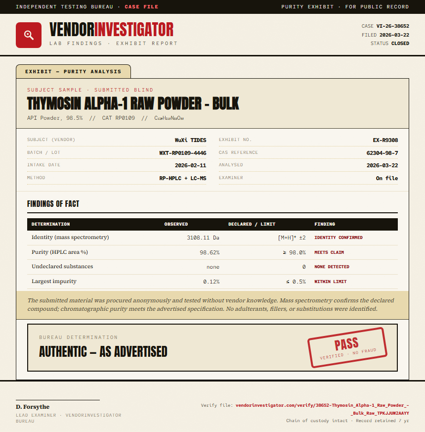 Thymosin Alpha-1 Raw Powder - Bulk Purity (HPLC) report by VendorInvestigator