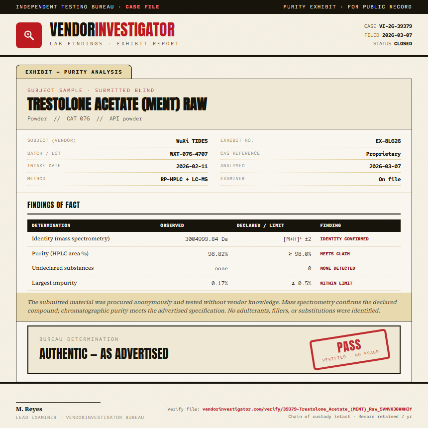 Trestolone Acetate (MENT) Raw Purity (HPLC) report by VendorInvestigator