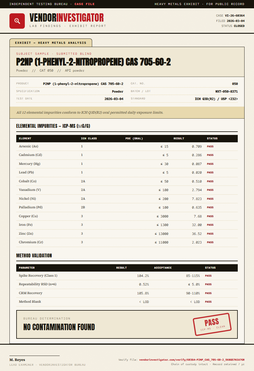 P2NP (1-phenyl-2-nitropropene) CAS 705-60-2 Heavy Metals report by VendorInvestigator